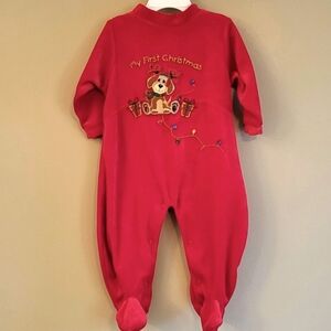 "My First Christmas" embrodiered red velour sleeper/footie